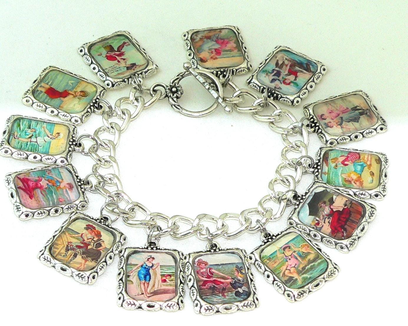 Retro Coastal Women's Bracelet with Nautical and Postcard Charms Vintage Altered Art Women At The Beach Bracelet