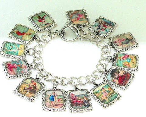 Retro Coastal Women's Bracelet with Nautical and Postcard Charms Vintage Altered Art Women At The Beach Bracelet