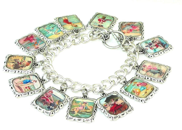 Retro Coastal Women's Bracelet with Nautical and Postcard Charms Vintage Altered Art Women At The Beach Bracelet