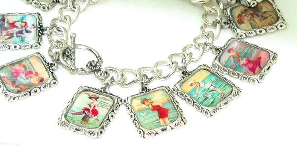 Retro Coastal Women's Bracelet with Nautical and Postcard Charms Vintage Altered Art Women At The Beach Bracelet