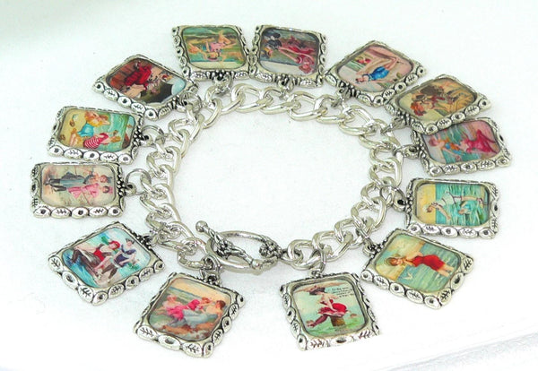 Retro Coastal Women's Bracelet with Nautical and Postcard Charms Vintage Altered Art Women At The Beach Bracelet