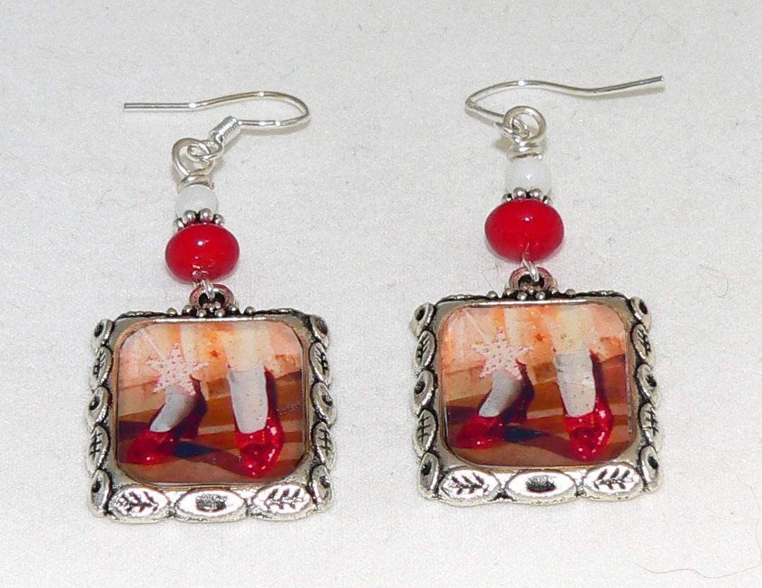 Wizard of Oz Vintage Alteted Art Earrings Ruby Slippers Coral & Mother of Pearl Earrings with