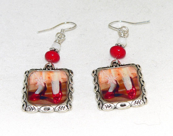 Wizard of Oz Vintage Alteted Art Earrings Ruby Slippers Coral & Mother of Pearl Earrings with