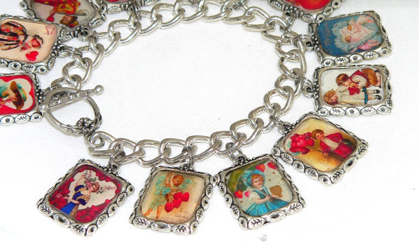 Sentimental Vintage Postcard Charm Bracelet for Valentine's Gift Valentines Day Bracelet Valentine's Charm Bracelet From Vintage Postcards