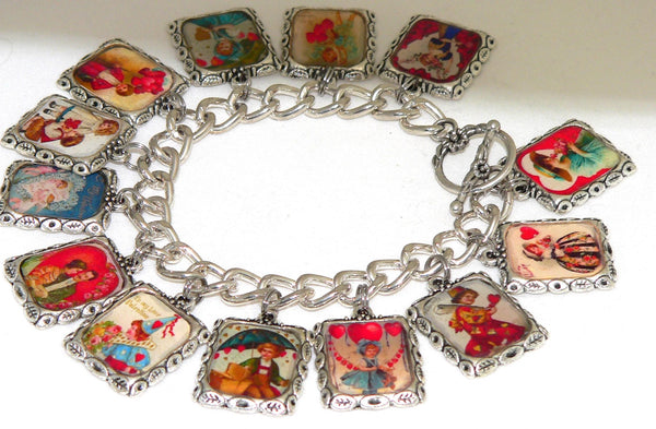 Sentimental Vintage Postcard Charm Bracelet for Valentine's Gift Valentines Day Bracelet Valentine's Charm Bracelet From Vintage Postcards