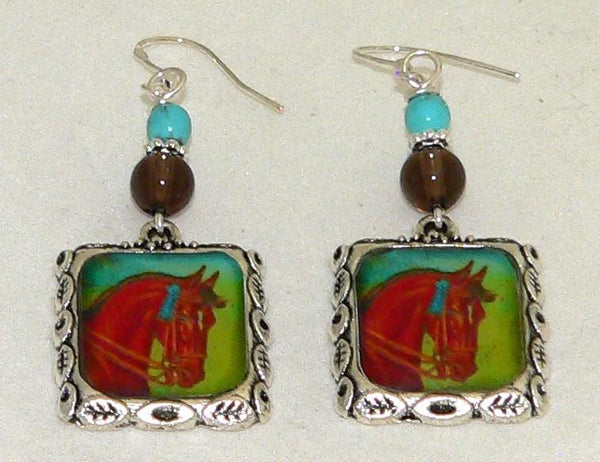Horse Earrings Vintage Prize Winning Altered Art Horses Earrings Horse Gifts For Her Turquoise Smoky Quartz
