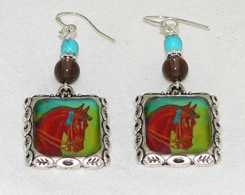 Horse Earrings Vintage Prize Winning Altered Art Horses Earrings Horse Gifts For Her Turquoise Smoky Quartz