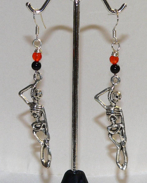 Hanging Skeleton Earrings Halloween Earrings Orange Black Earrings Onyx Carnelian Halloween Gift