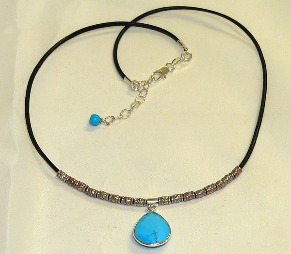 Unique Leather Necklace with Sterling Silver and Turquoise Gemstones