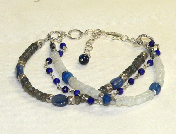 Three Strand Healing Gemstone Bracelet with Flashy Rainbow Moonstone Kyanite Labradorite