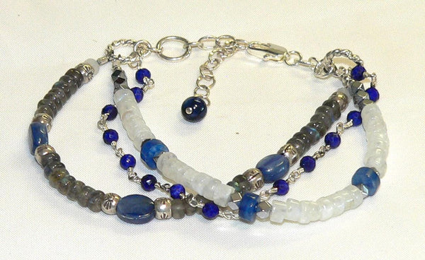 Three Strand Healing Gemstone Bracelet with Flashy Rainbow Moonstone Kyanite Labradorite