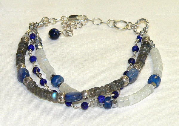 Three Strand Healing Gemstone Bracelet with Flashy Rainbow Moonstone Kyanite Labradorite