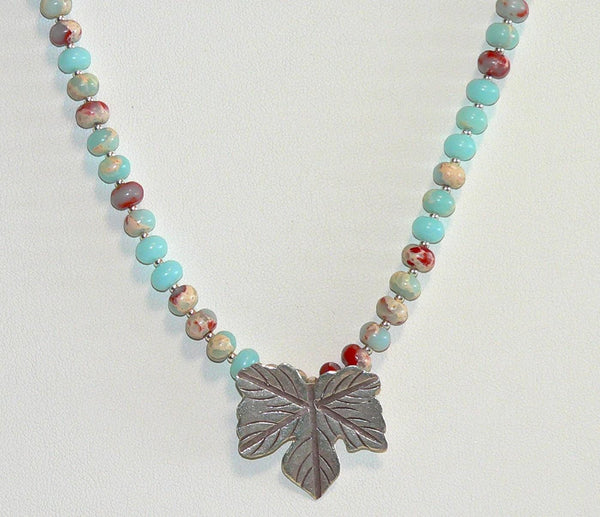 Impression Jasper Necklace Thai Silver Leaf Jewelry for Autumn - Handmade Gemstone Pendant, Unique Fall Accessory