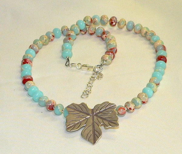 Impression Jasper Necklace Thai Silver Leaf Jewelry for Autumn - Handmade Gemstone Pendant, Unique Fall Accessory