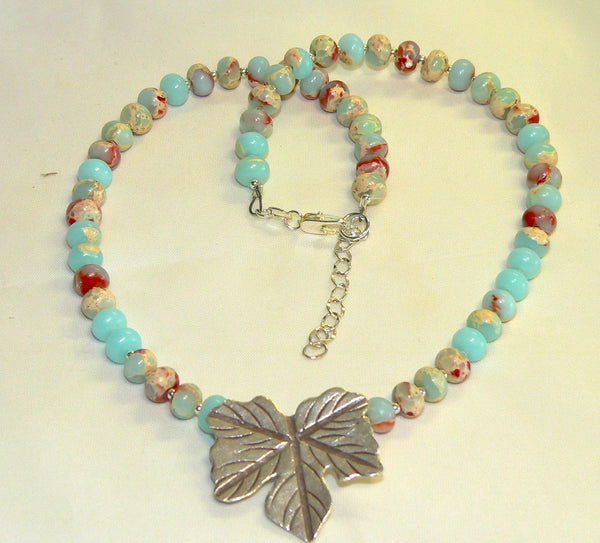 Impression Jasper Necklace Thai Silver Leaf Jewelry for Autumn - Handmade Gemstone Pendant, Unique Fall Accessory