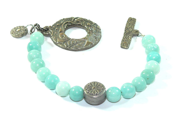 Amazonite Gemstone Bracelet with Unique Toggle Clasp, Handmade Boho Jewelry Gift