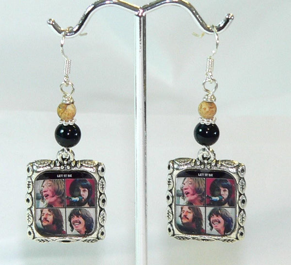 The Beatles Let It Be Earrings, The Beatles Altered Art Earrings with Onyx & Picture Jasper, Unique Beatles Gift for Her,