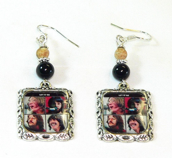 The Beatles Let It Be Earrings, The Beatles Altered Art Earrings with Onyx & Picture Jasper, Unique Beatles Gift for Her,