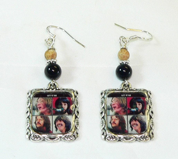 The Beatles Let It Be Earrings, The Beatles Altered Art Earrings with Onyx & Picture Jasper, Unique Beatles Gift for Her,