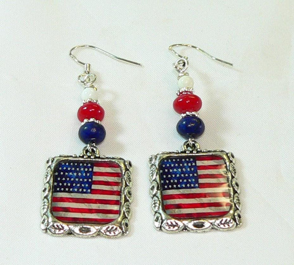 July 4th Earrings | Patriotic American Flag Earrings with Lapis Coral Howlite Beads & Holiday Accessories July 4th Altered Art Earrings