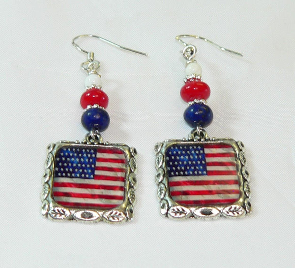 July 4th Earrings | Patriotic American Flag Earrings with Lapis Coral Howlite Beads & Holiday Accessories July 4th Altered Art Earrings
