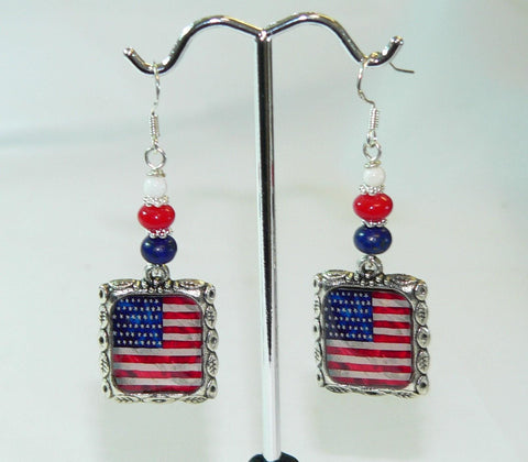 July 4th Earrings | Patriotic American Flag Earrings with Lapis Coral Howlite Beads & Holiday Accessories July 4th Altered Art Earrings