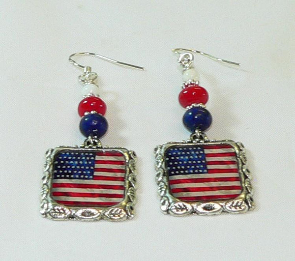 July 4th Earrings | Patriotic American Flag Earrings with Lapis Coral Howlite Beads & Holiday Accessories July 4th Altered Art Earrings