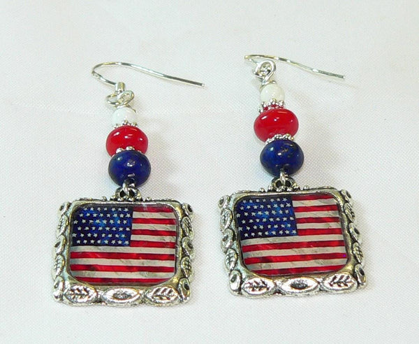 July 4th Earrings | Patriotic American Flag Earrings with Lapis Coral Howlite Beads & Holiday Accessories July 4th Altered Art Earrings
