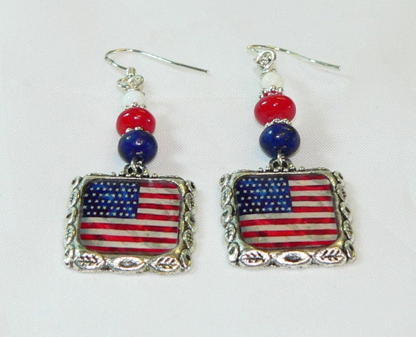July 4th Earrings | Patriotic American Flag Earrings with Lapis Coral Howlite Beads & Holiday Accessories July 4th Altered Art Earrings