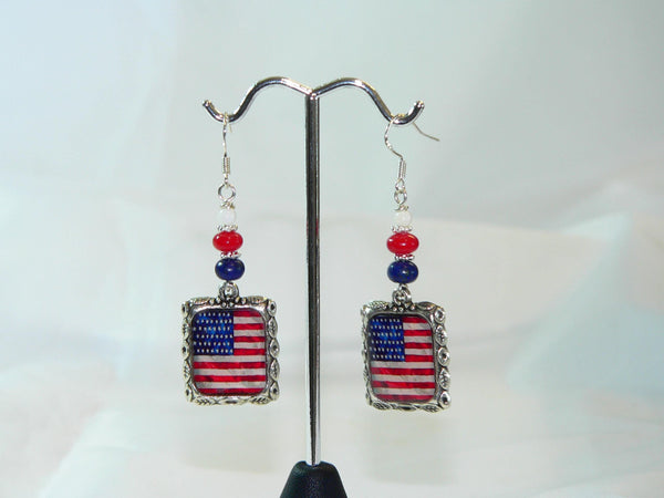 July 4th Earrings | Patriotic American Flag Earrings with Lapis Coral Howlite Beads & Holiday Accessories July 4th Altered Art Earrings