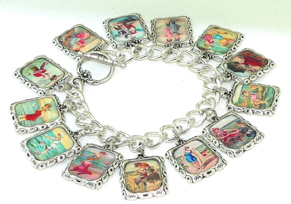 Retro Coastal Women's Bracelet with Nautical and Postcard Charms Vintage Altered Art Women At The Beach Bracelet