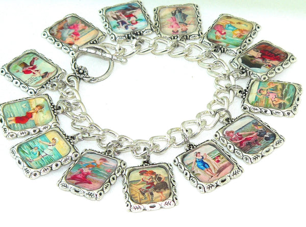 Retro Coastal Women's Bracelet with Nautical and Postcard Charms Vintage Altered Art Women At The Beach Bracelet