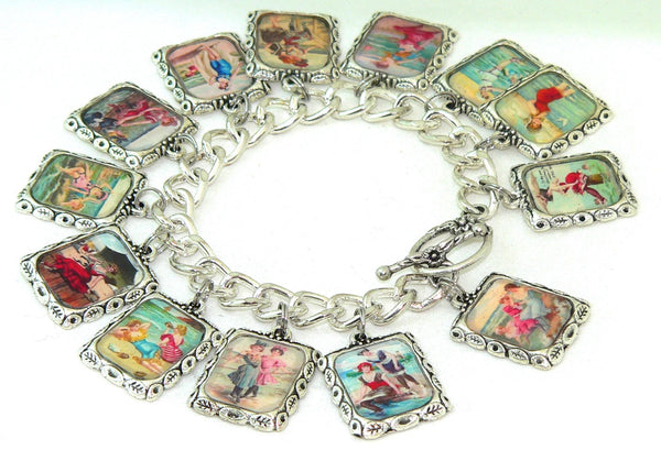 Retro Coastal Women's Bracelet with Nautical and Postcard Charms Vintage Altered Art Women At The Beach Bracelet