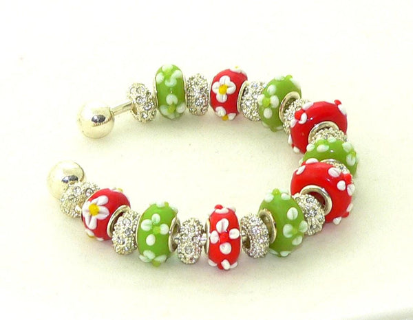 Festive Christmas Red Light Green European Bracelet with Floral Lampwork Beads