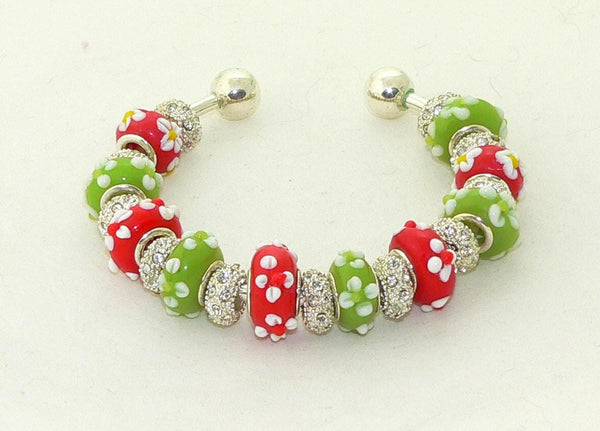 Festive Christmas Red Light Green European Bracelet with Floral Lampwork Beads