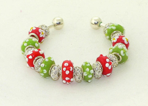 Festive Christmas Red Light Green European Bracelet with Floral Lampwork Beads