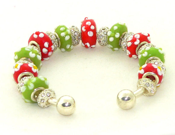 Festive Christmas Red Light Green European Bracelet with Floral Lampwork Beads