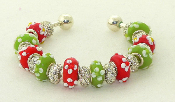 Festive Christmas Red Light Green European Bracelet with Floral Lampwork Beads