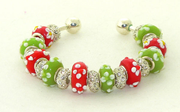 Festive Christmas Red Light Green European Bracelet with Floral Lampwork Beads