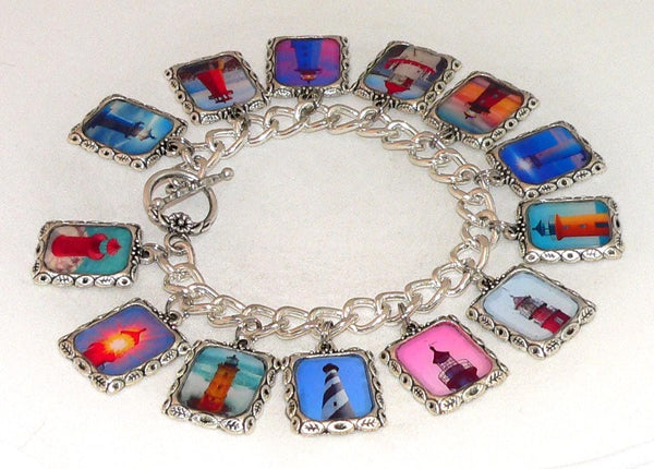 Vintage Art Lighthouse Bracelet with Unique Beach Charms Altered Art Lighthouse Bracelet
