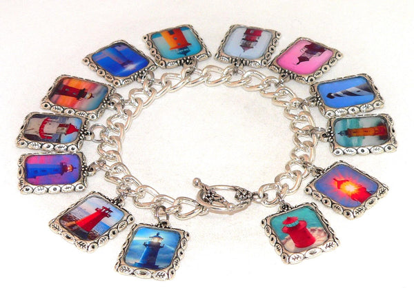 Vintage Art Lighthouse Bracelet with Unique Beach Charms Altered Art Lighthouse Bracelet