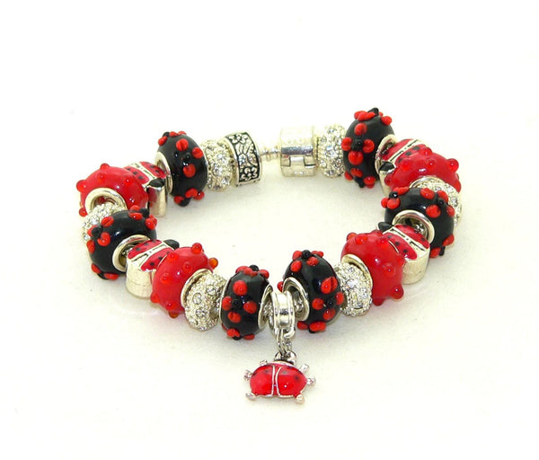 Handmade Red Black Murano Glass Ladybug Bracelet Jewelry Gift