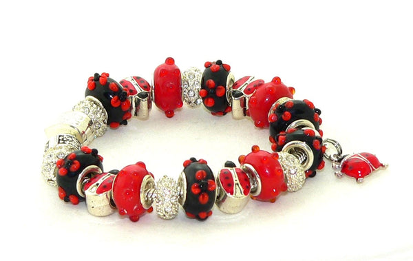 Handmade Red Black Murano Glass Ladybug Bracelet Jewelry Gift
