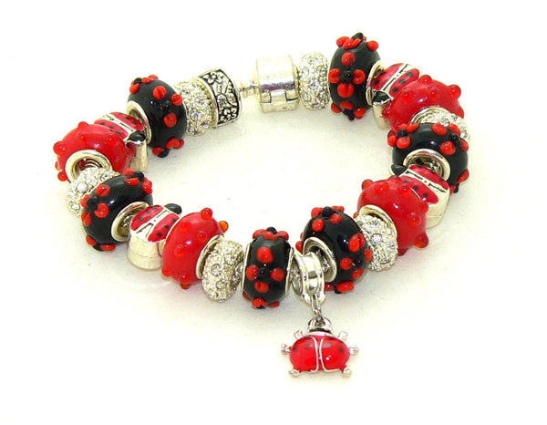 Handmade Red Black Murano Glass Ladybug Bracelet Jewelry Gift
