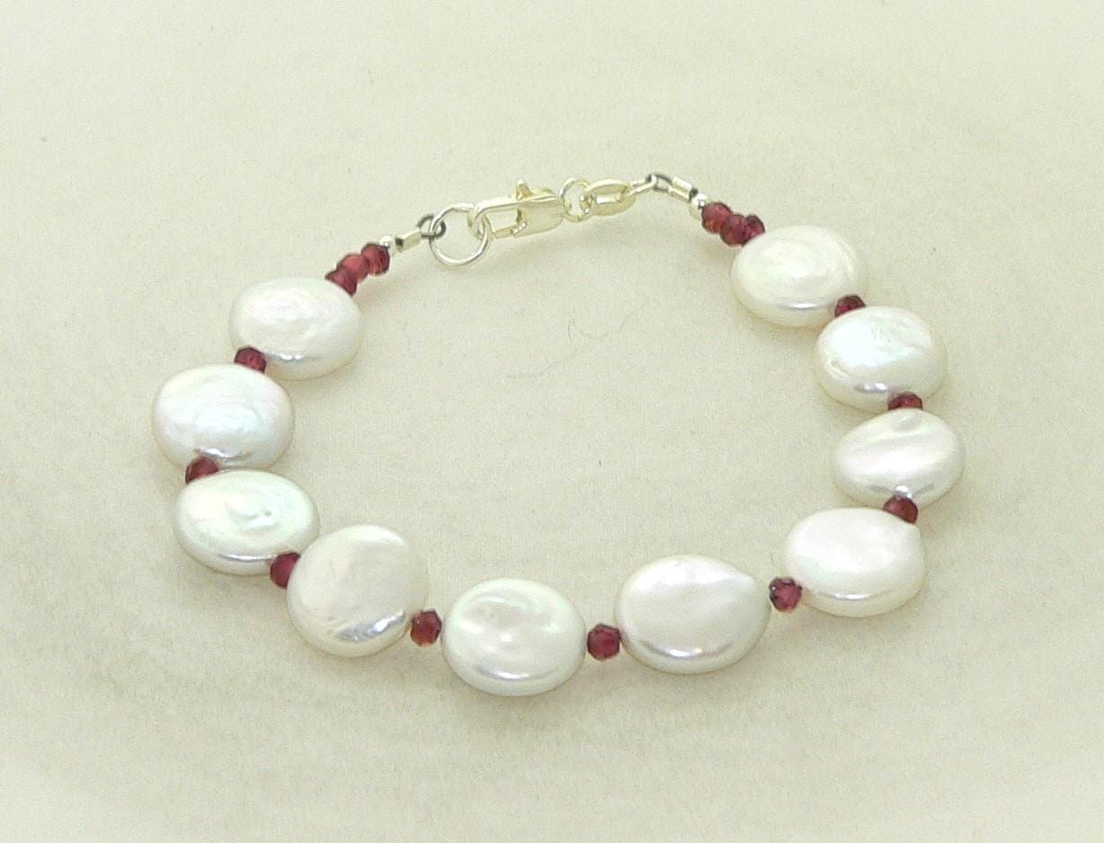 Unique Freshwater Coin Pearl and Garnet Bracelet for Christmas