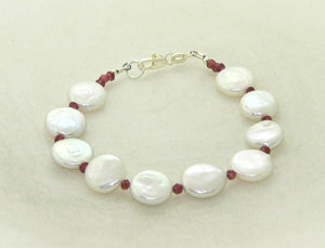Unique Freshwater Coin Pearl and Garnet Bracelet for Christmas