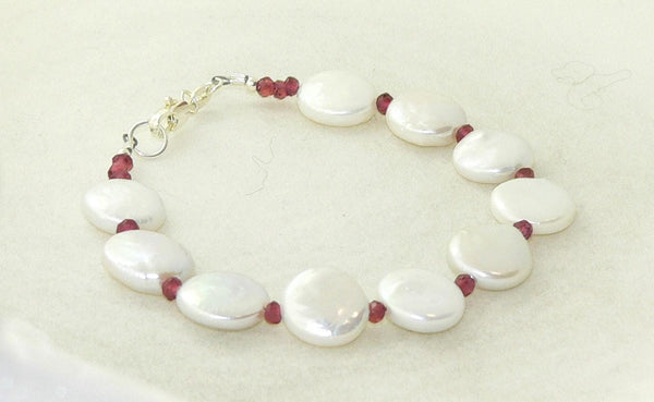Unique Freshwater Coin Pearl and Garnet Bracelet for Christmas
