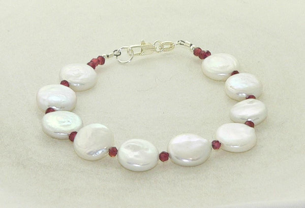 Unique Freshwater Coin Pearl and Garnet Bracelet for Christmas