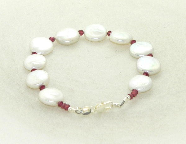 Unique Freshwater Coin Pearl and Garnet Bracelet for Christmas