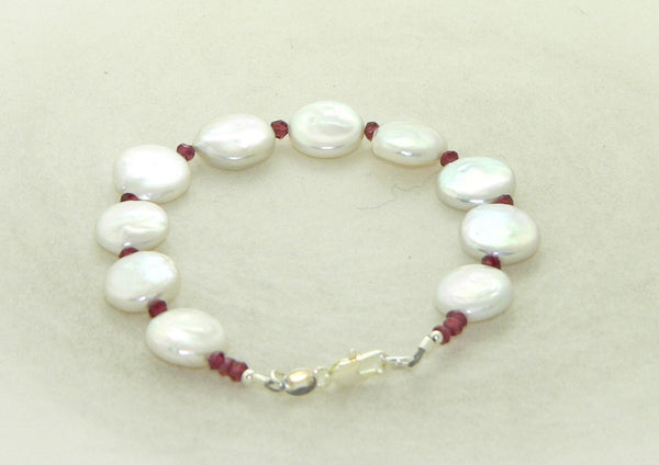 Unique Freshwater Coin Pearl and Garnet Bracelet for Christmas
